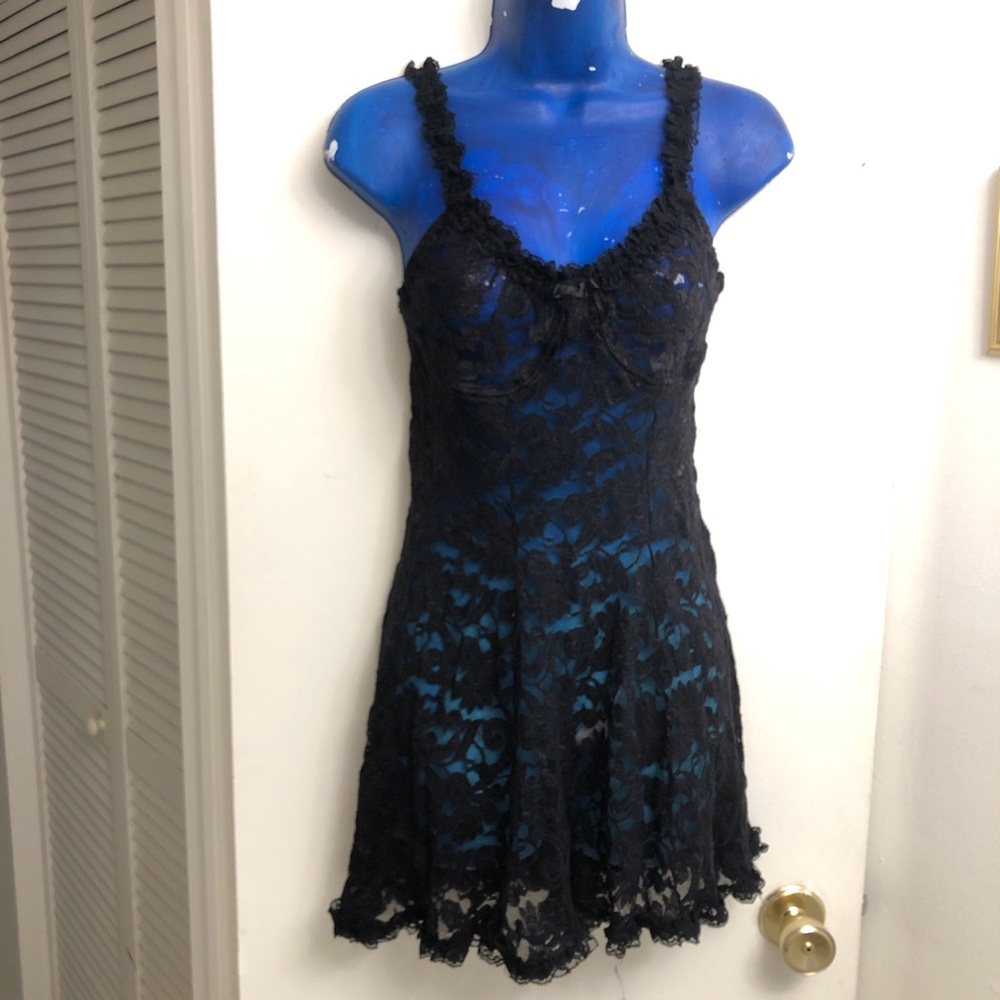 Vintage 90s Black lace babydoll lingerie slip dress with ruffles